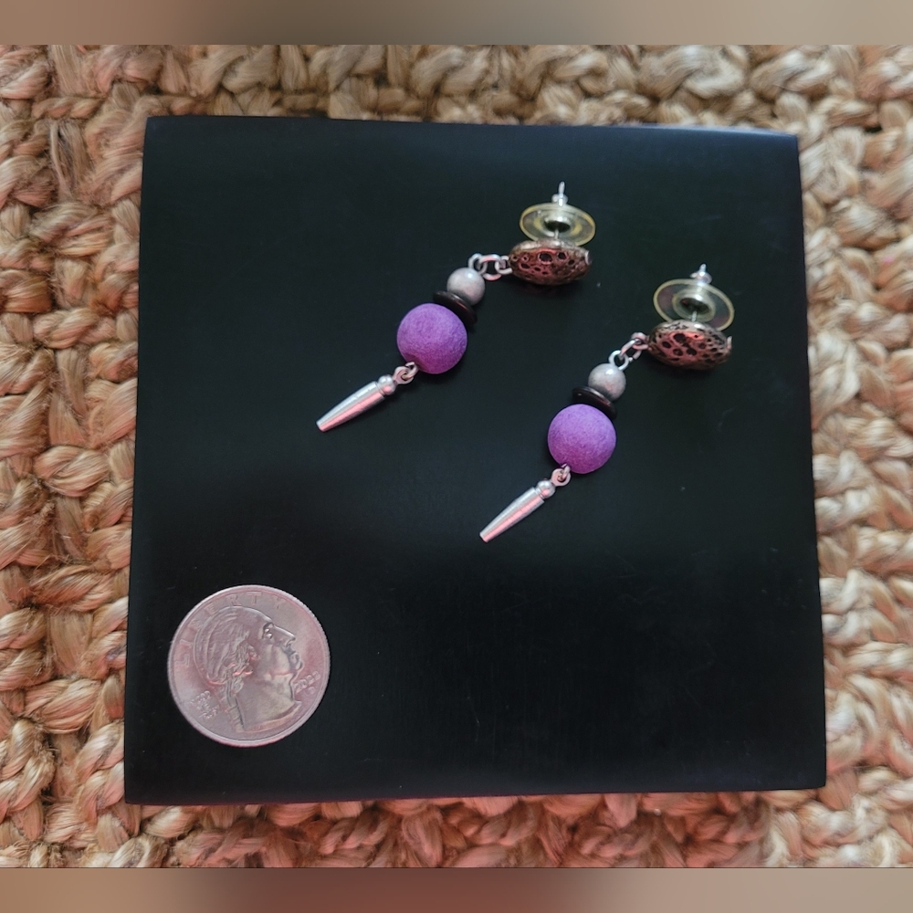 Vintage wood bead and silver toned metal stacked drop earrings